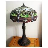 Tiffany Style Lead And Stained Glass 3-Bulb Lamp With Metal Base, 31" Tall, And Lead/Stained Glass S