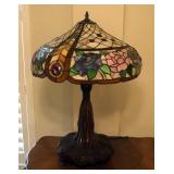 Tiffany Style Lead And Stained Glass 3-Bulb Lamp With Metal Base, 29" Tall