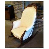 Antique Carved Wood Rocking Slipper Chair With Upholstered Back And Seat, 42.5" x 39" x 28.5" And Sh