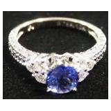 10K Platinum Over Sterling Ring With Blue Stone, Believed To Be Tanzanite, And Clear Stones, Size 5-