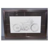 Original Sketch Of Vintage Motorcycle, Framed Matted Under Glass, 32.75" Wide x 22.75" High
