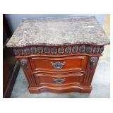 Ornate Wood Two Drawer End Table With Marble Top, 28" X 28" X 18"