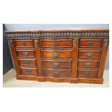 Ornate Wood Dresser, 12 Drawers, Shell Accents, 41.5" x 72" x 20.5", With Matching Beveled Glass Mir