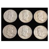 Franklin Half Dollars, Qty 6, Years Range 1951-1963