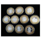 Silver Gaming Tokens, Qty 10, Each Is .999 Silver, Various Casinos