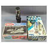 Star Wars R2-D2 Model Kit, In Box, Light Saber Flashlight, And Snap Tite Enterprise Space Shuttle Mo