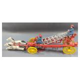 Antique Cast Iron Toy Horse And Ice Wagon, Vintage Cast Iron Horse Drawn Fire Truck Pump, And Vintag
