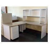 L-Shaped Desk With Corian Top, 29" x 68" x 74", Includes Hutch And Rolling 2 Drawer File Cabinet