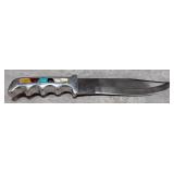 Fixed Blade Knife With Trailing Point Tip And Southwest Style Stones In Handle, 7.5" Blade