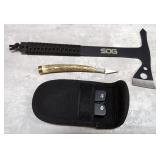 SOG Hatchet, Smith & Wesson Multi-Tool In Nylon Sheath, And Pen Knife With Bone Style Handle