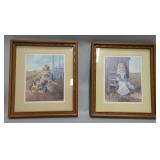 Country Lad With Bushel Of Golden Retriever Puppies Print, Framed Matted Under Glass, 13.5" W x 15.5