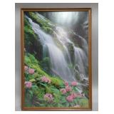 Art Depicting A Waterfall, Framed Under Glass, 25" W x 36" H