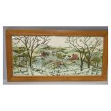 Image Of Country Village Printed On Fabric, Framed Under Glass, 44.5" W x 22.5" H