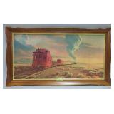 Image Of Country Village Printed On Fabric, Framed Under Glass, 44.5" W x 22.5" H