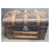 Antique Trunk With Wood Bumpers And Tin Overlay, Lid Detatched