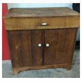 Antique Bar Cabinet With Hinged Top, Lower Storage, And Rotating Bottle Holder, 35" H x 34.5" W x 18