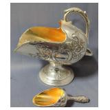 Silver Plated Sugar Cube Scuttle, And Tin Display Plates, Qty 2