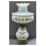 Vintage Hurricane Lamp With Floral Pattern, 21" High, Powers On