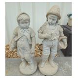Boy And Girl Holding Baskets Of Fish Concrete Statuettes, Approx 34" And 32" High