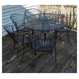 Vintage Metal Patio Table 29" x 48" Diameter , 6 Round Back Matching Chairs And 1800 Patio Umbrella 