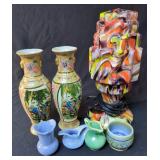Art Deco Glass Lamp, 11", Oriental Porcelain Satsuma Vase, Qty 2, 8", Miniature Ceramic Pitchers, Qt