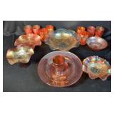 Marigold Carnival Glass Assortment Including Drinking Cups, 4", Qty 9, Bowls, Pedestal Bowl, Serving