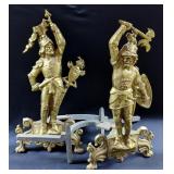 Vintage Cast Brass Renaissance Soldier Fire Place Andirons, 21.5" x 19", Qty 2