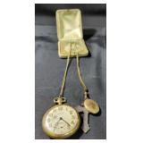 Vintage South Bend Gold Toned 17 Jewel Pocket Watch With Crucifix Chain