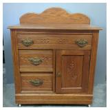 Antique 3 Drawer Washstand With Carved Drawer Fronts And Porcelain Caster Wheels, 36" x 14.5" x 29"
