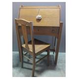 Antique Arts And Crafts Drop Front Desk, 41.5" x 16" x 29.5", And Matching Chair