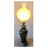 Antique 22" Table Lamp With Frosted Glass Shade And Iron Base
