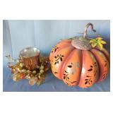 Large Lighted Sculpted Metal Pumpkin, 15" Tall, And Mercury Glass Votive