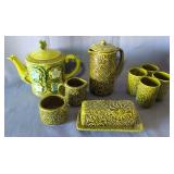 Ceramic Tea Set With Olive Green Textured Flower Design, Qty 8 Pieces, And Green Textured Tea Pitche