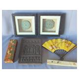 Vintage Japanese Wood Box With Floral Design, Oriental Disks In Shadow Boxes, And More, Total Qty 5