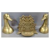 Solid Brass Mallard Book Ends, And Brass Desk Top Letter File