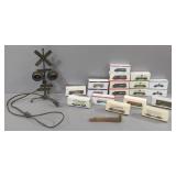 Miniature Rail Road Crossing Lamp And Die Cast Train Cars, Qty 19