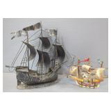 Model Sailing Ships Made From Wood, 11" x 3" x 9" And Tin, 17" x 4" x 16"