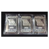 Silver Bars, Qty 3, Each 1 Troy Ounce .999 Fine Silver, Stamped MO U.S. State Silver Bar