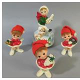 Lefton Music Box Boy And Dog No. 18725, And Vintage Ceramic Christmas Pixies, Qty 3, 5" H