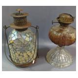 Antique Glass Oil Lamp, 11" H, And Glass Mosaic Lantern, 12" H