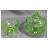 Uranium Glass Lidded Dish And Federal Uranium Glass Sherbert