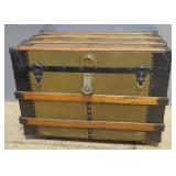 Antique Flat Top Steamer Trunk, On Caster Wheels, 30"x17.5"x22"