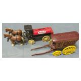 Cast Iron Ice Wagon, 8" Long, And Ertl True Value Tanker Wagon Bank With Horses, 9.5" Long