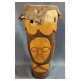 Carved Wood Conga Drum With Hide Drum Head, 21" High