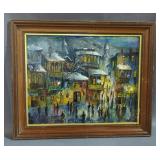 Street Scene Oil On Board Painting, Writing On Back Believed To Be Russian, Possibly Attributed To P
