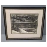 Syd Browne (American, 1907-1991) Along The Hudson River Charcoal On Paper, Signed LL, Framed Matted 