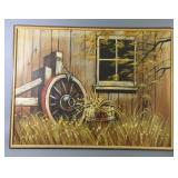 Wagon Wheel By Barn Side Painting On Canvas, Signed LL By Walker, Framed, 41.25" W x 31" H