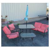 Patio Set With Love Seat, Arm Chairs (2), Glass Top Table With Umbrella, And Glass Top Side Table