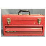 Metal Toolbox With 2 Drawers And Hinged Lid, Some Contents Include Bicycle Pump, Coping Saw, Some Ha