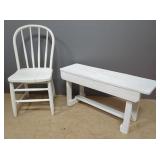 Primitive Painted Wood Dining Chair And Bench, 18" x 35.5" x 11.5"